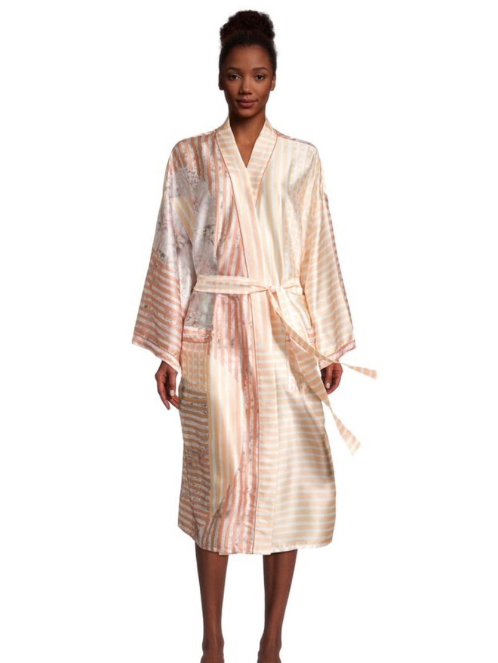 World Market Orange Stripe Floral Bohemian Lightweight Long Robe Satin Kimono OS